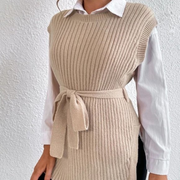 TAN BELTED RIBBED KNIT SWEATER VEST NO BLOUSE - Picture 6 of 6